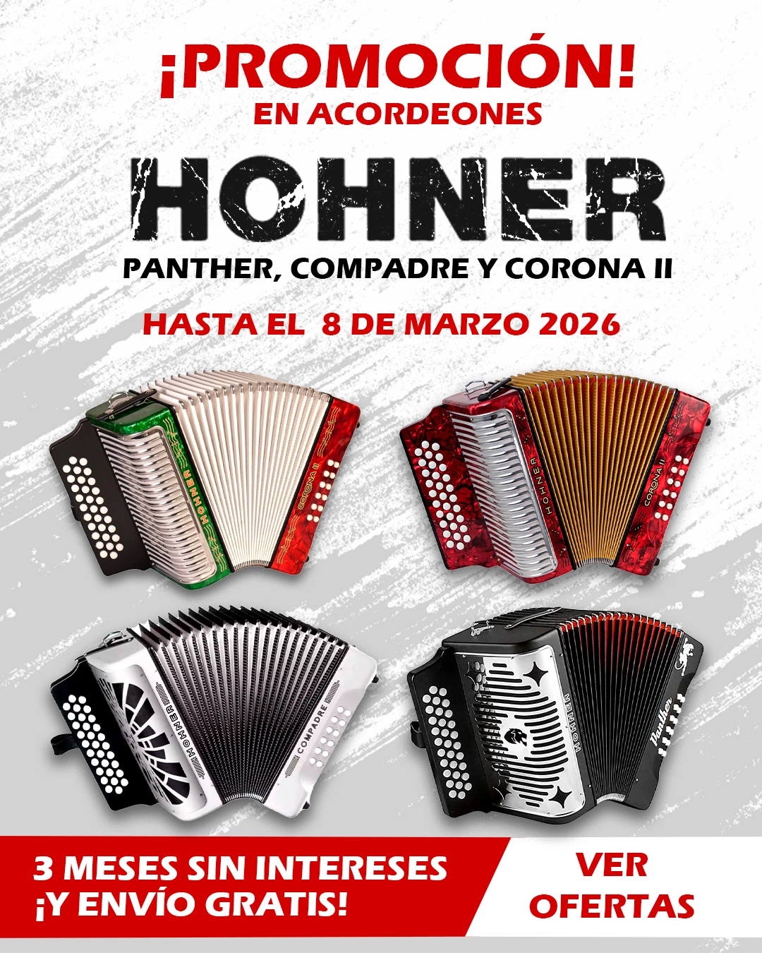 Compra acordeón hohner con descuento envios a todo mexico Compadre corona ii panther fa y sol