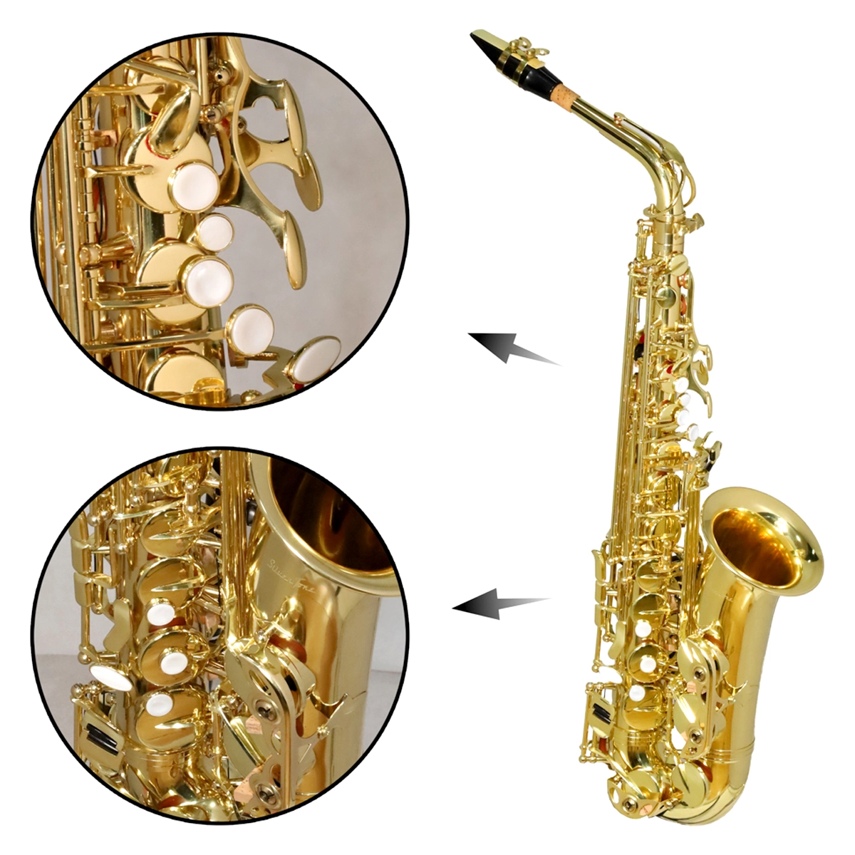Saxofón Alto Silvertone SLSX009 en Mi Bemol con acabado laqueado dorado, boquilla y estuche rígido
