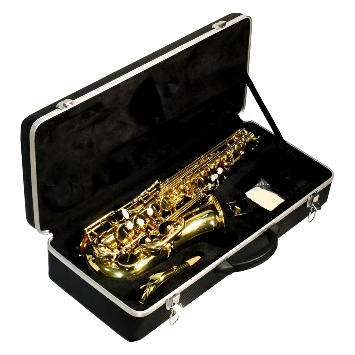 Saxofón Alto Silvertone SLSX009 en Mi Bemol con acabado laqueado dorado, boquilla y estuche rígido