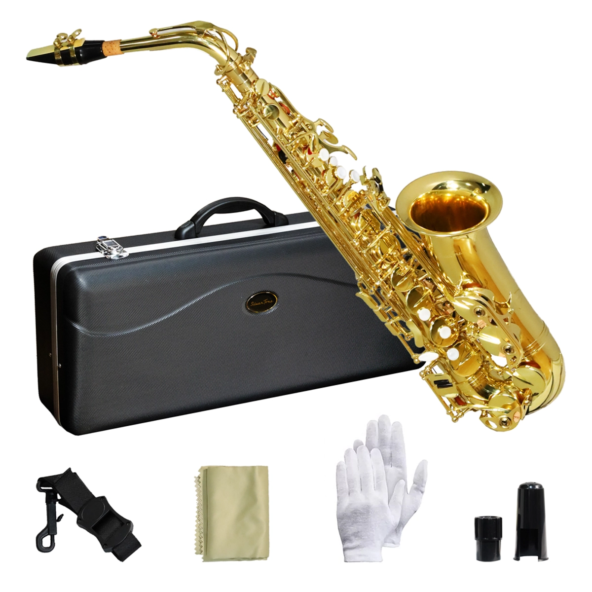 Saxofón Alto Silvertone SLSX009 en Mi Bemol con acabado laqueado dorado, boquilla y estuche rígido