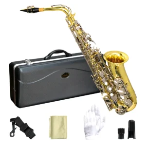 Saxofón alto en Mi bemol Silvertone SLSX011 dorado con llaves niqueladas