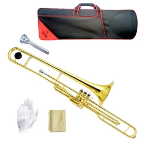 Trombón de émbolos Bentley modelo BNTB003 en Si Bemol con tres pistones y acabado laqueado dorado.