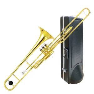 Trombón de émbolos Blessing modelo 6420-V1 en Si Bemol con acabado laqueado dorado, tres pistones de Monel y estuche rígido