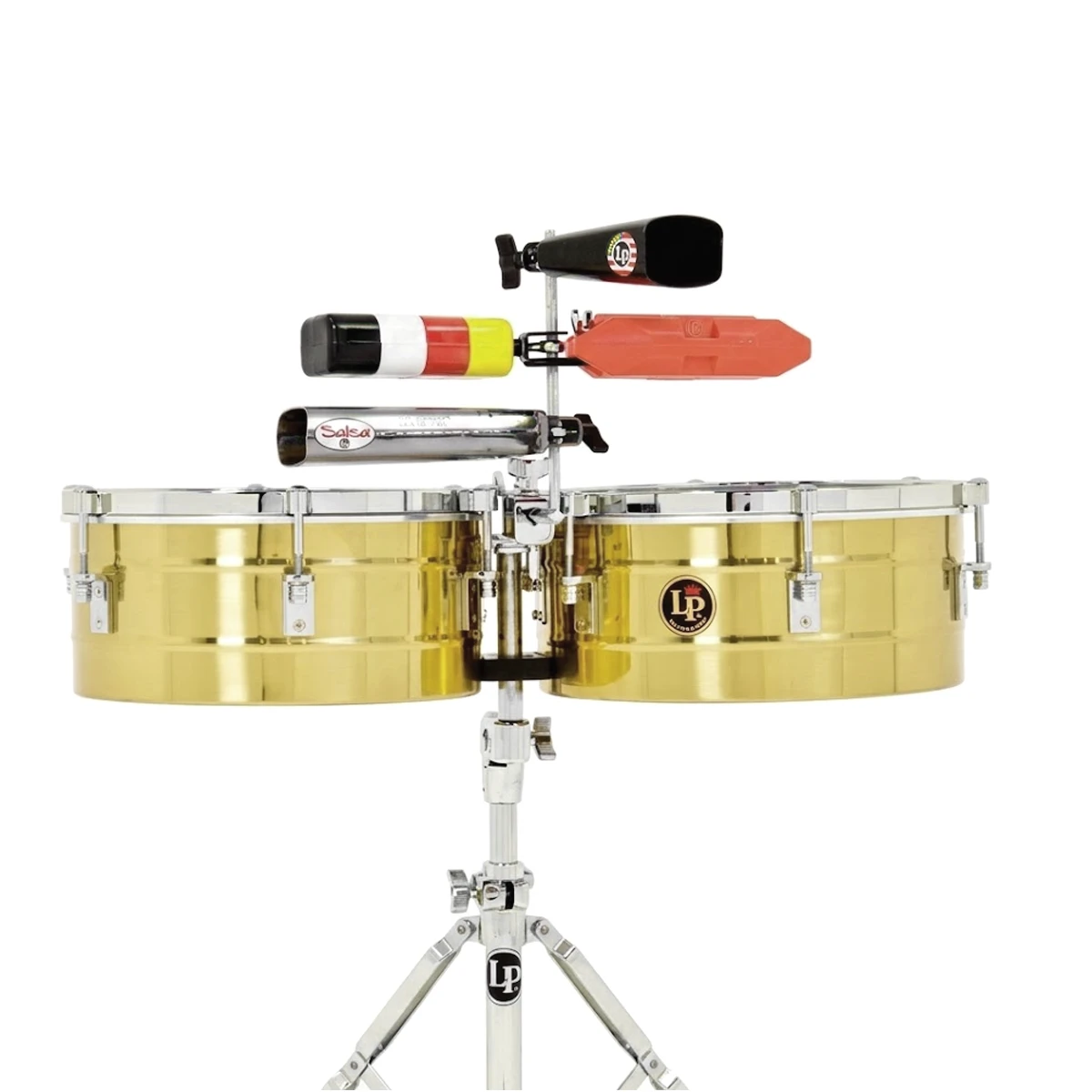 Set de timbales profesionales Latin Percussion Tito Puente LP258-B de bronce con base