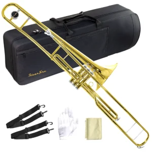 Trombón de émbolos Silvertone modelo SLTB009 en Si Bemol con acabado laqueado dorado y tres pistones de cuproníquel