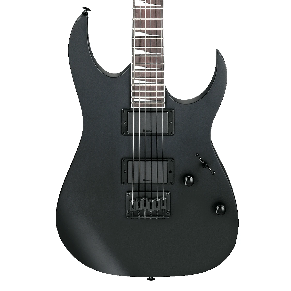 Guitarra eléctrica Ibanez GRG121DX-BKF GIO RG en acabado satinado negro mate con inlays dientes de tiburón