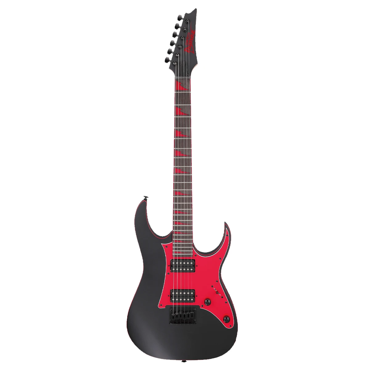 Guitarra eléctrica Ibanez GRG131DX-BKF en acabado negro mate con golpeador e inlays de dientes de tiburón en color rojo.
