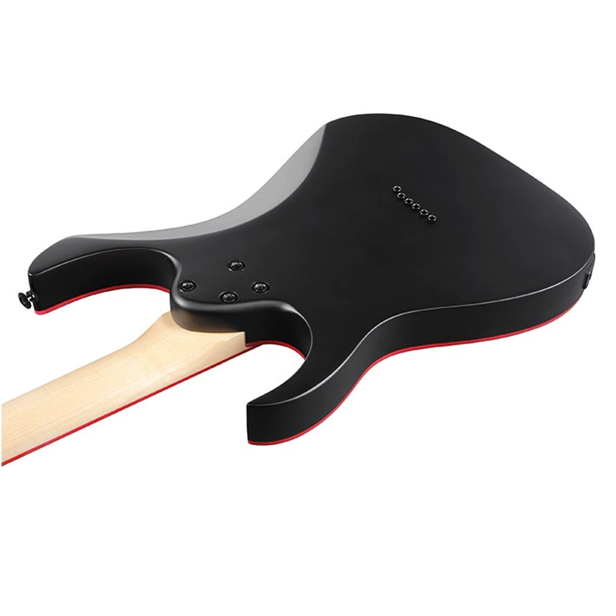 Guitarra eléctrica Ibanez GRG131DX-BKF en acabado negro mate con golpeador e inlays de dientes de tiburón en color rojo.