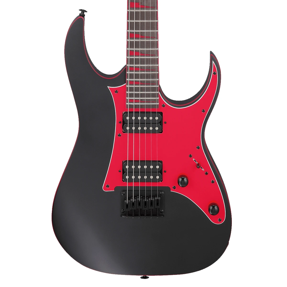 Guitarra eléctrica Ibanez GRG131DX-BKF en acabado negro mate con golpeador e inlays de dientes de tiburón en color rojo.