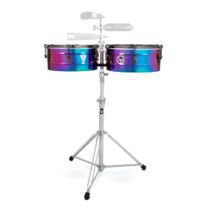 Set de timbales profesionales Latin Percussion LP257-TS Tito Puente Signature de acero inoxidable con herrajes dorados y soporte cromado de frente.