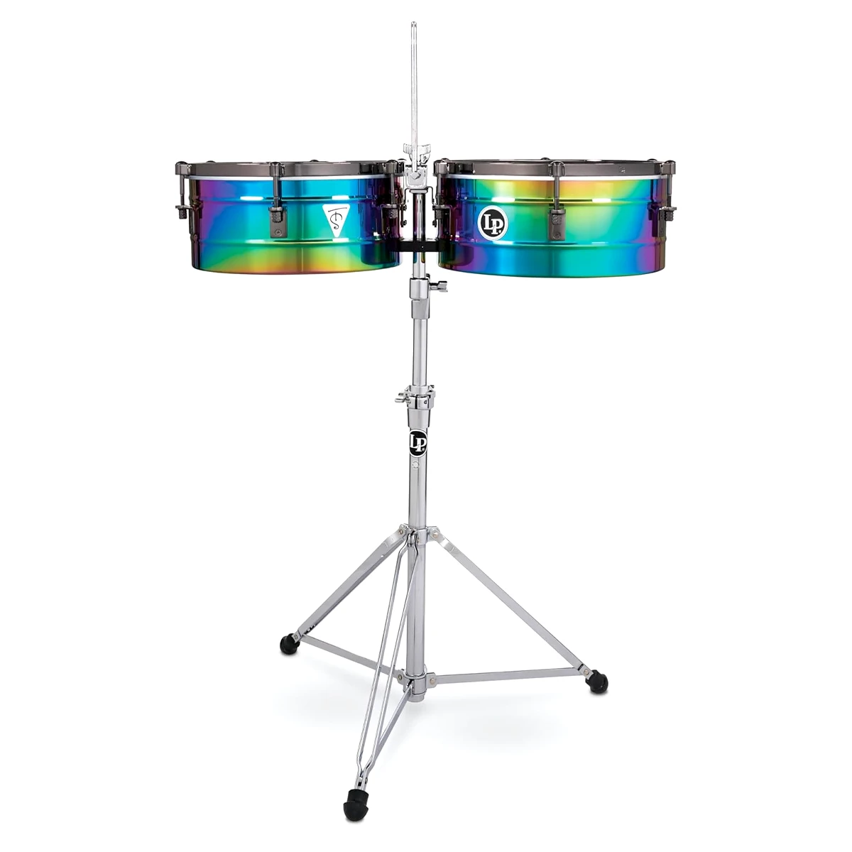 Set de timbales profesionales Latin Percussion LP257-TS Tito Puente Signature de acero inoxidable con herrajes dorados y soporte cromado de frente.