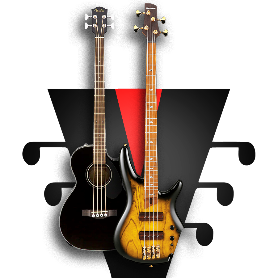 Variedad de bajos eléctricos de 4 y 5 cuerdas en exhibición para venta online.