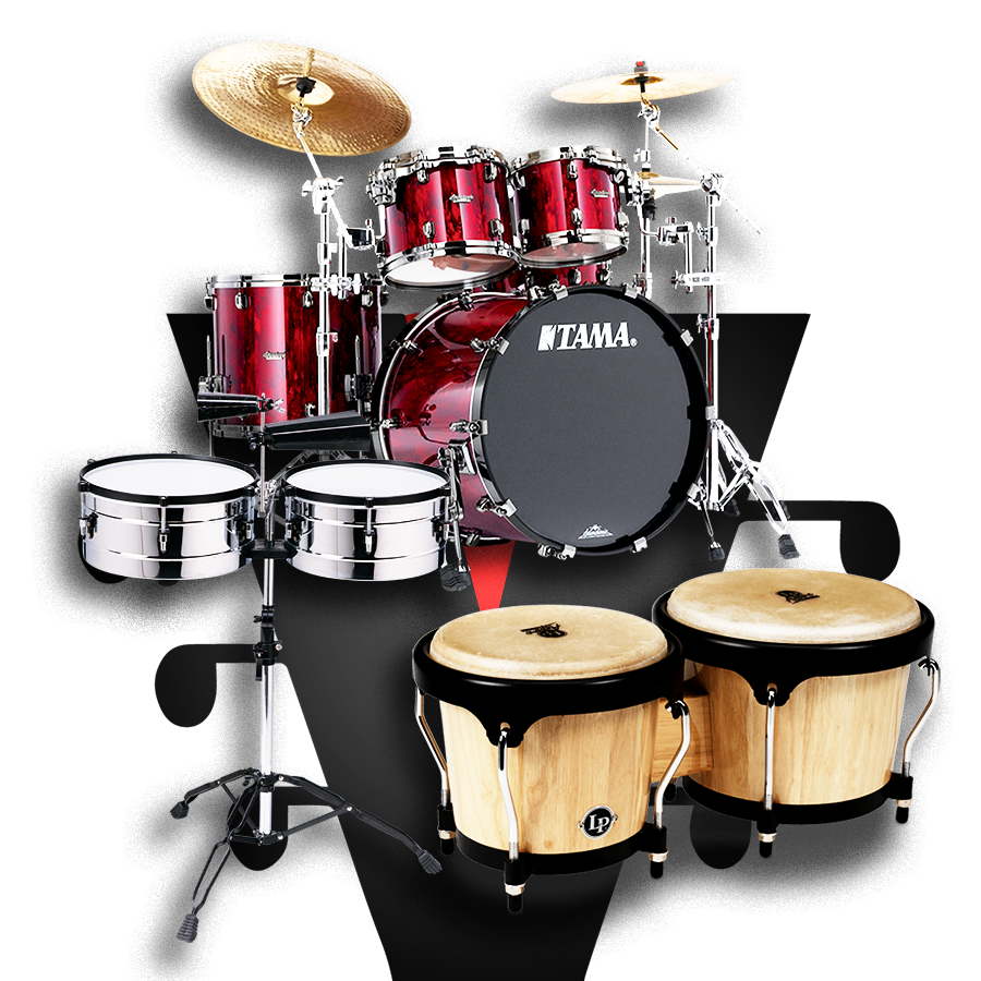 Variedad de instrumentos de percusión incluyendo batería, bongós y timbales en Servimusic