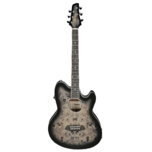 Guitarra electroacústica Ibanez TCY10PA-BKB acabado negro mate con cuerpo de doble cutaway y pala tipo eléctrica.