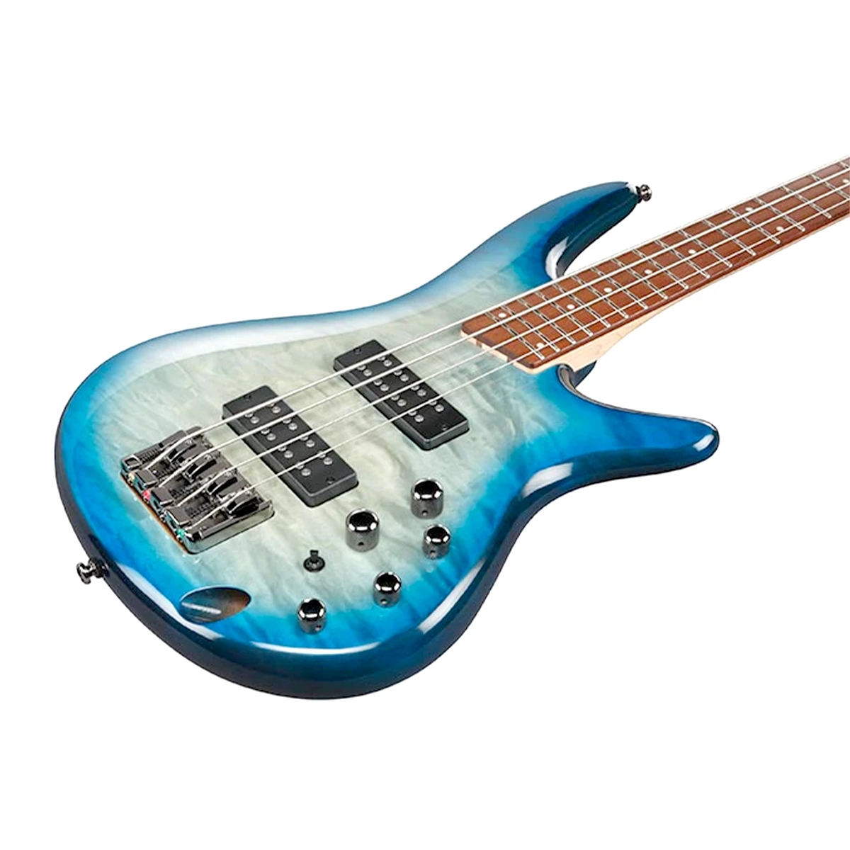 Bajo eléctrico de 4 cuerdas Ibanez SR400EQM-SCB con tapa de arce acolchado en acabado azul y verde texturizado