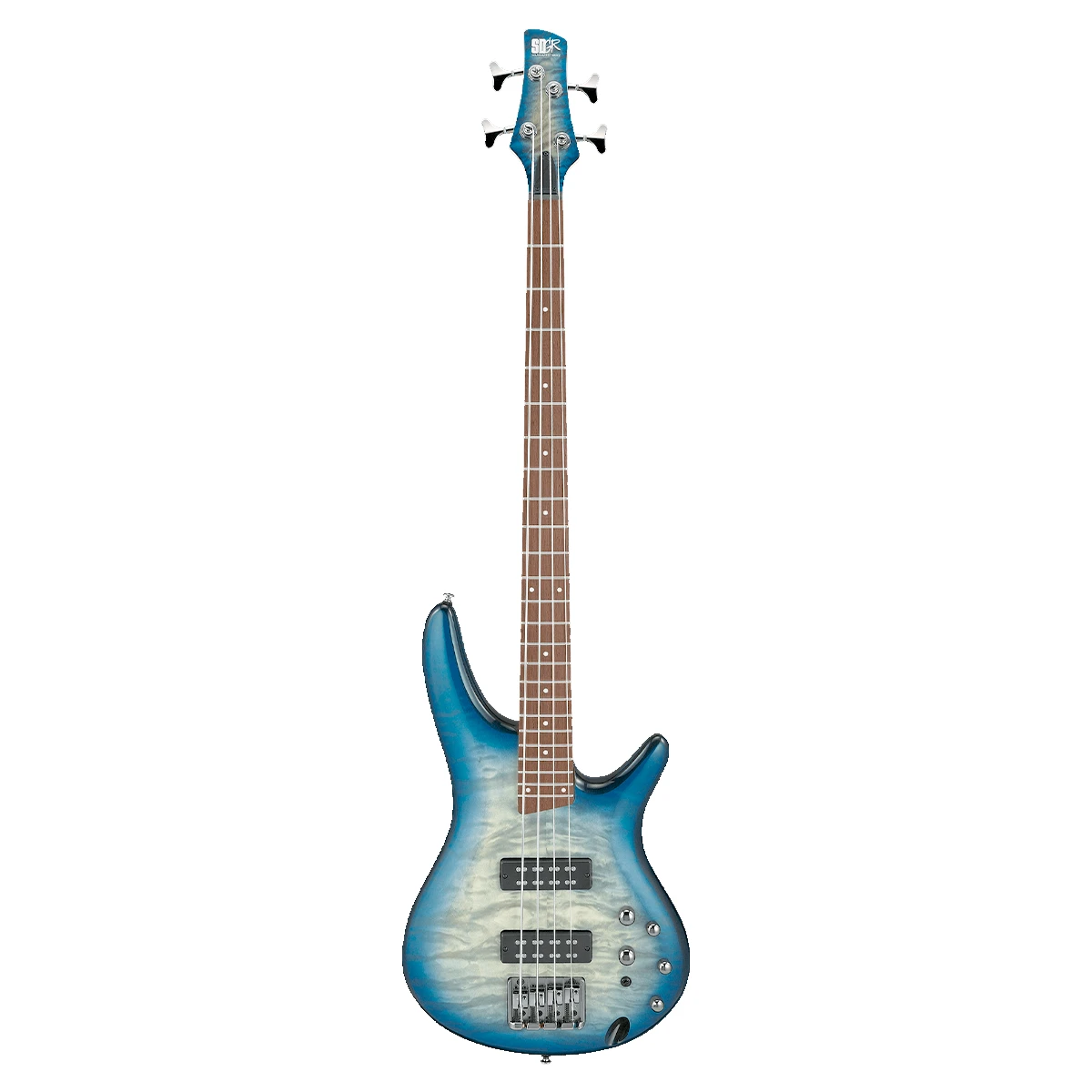 Bajo eléctrico de 4 cuerdas Ibanez SR400EQM-SCB con tapa de arce acolchado en acabado azul y verde texturizado
