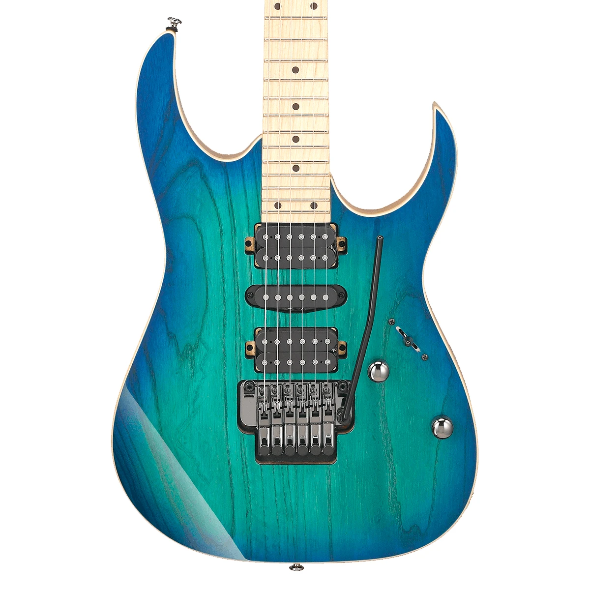 Guitarra eléctrica Ibanez RG470AHM-BMT en acabado degradado azul Blue Moon Burst con diapasón de arce y trémolo flotante