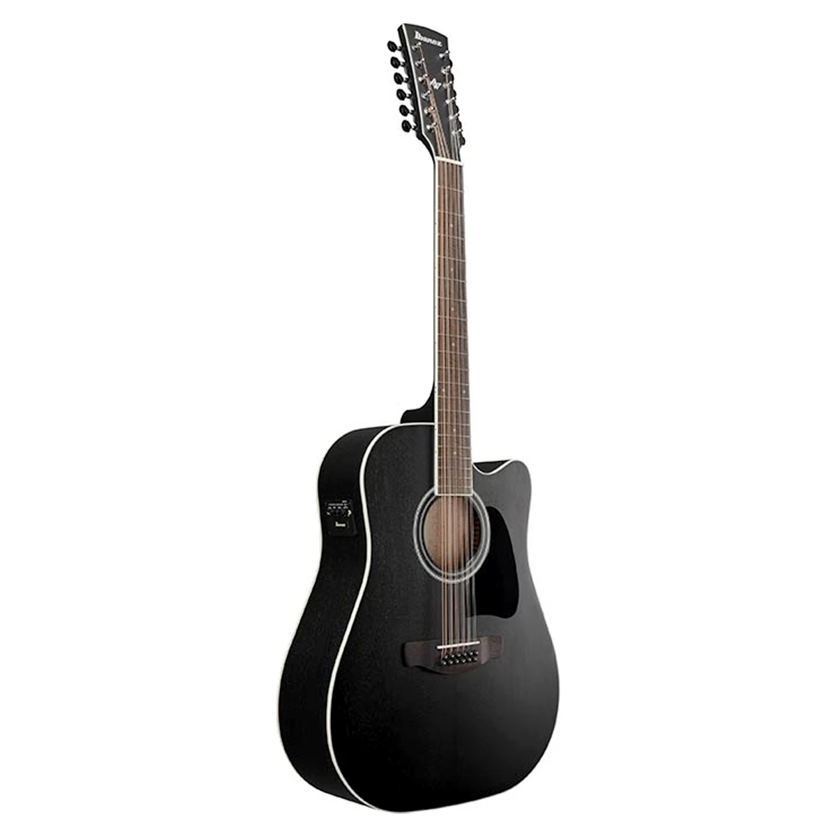 Guitarra electroacústica de 12 cuerdas Ibanez AW8412CE-WK en acabado Weathered Black de poro abierto