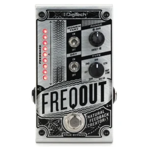 Pedal de efecto DigiTech FreqOut para guitarra eléctrica con controles de armónicos y luces LED de indicación