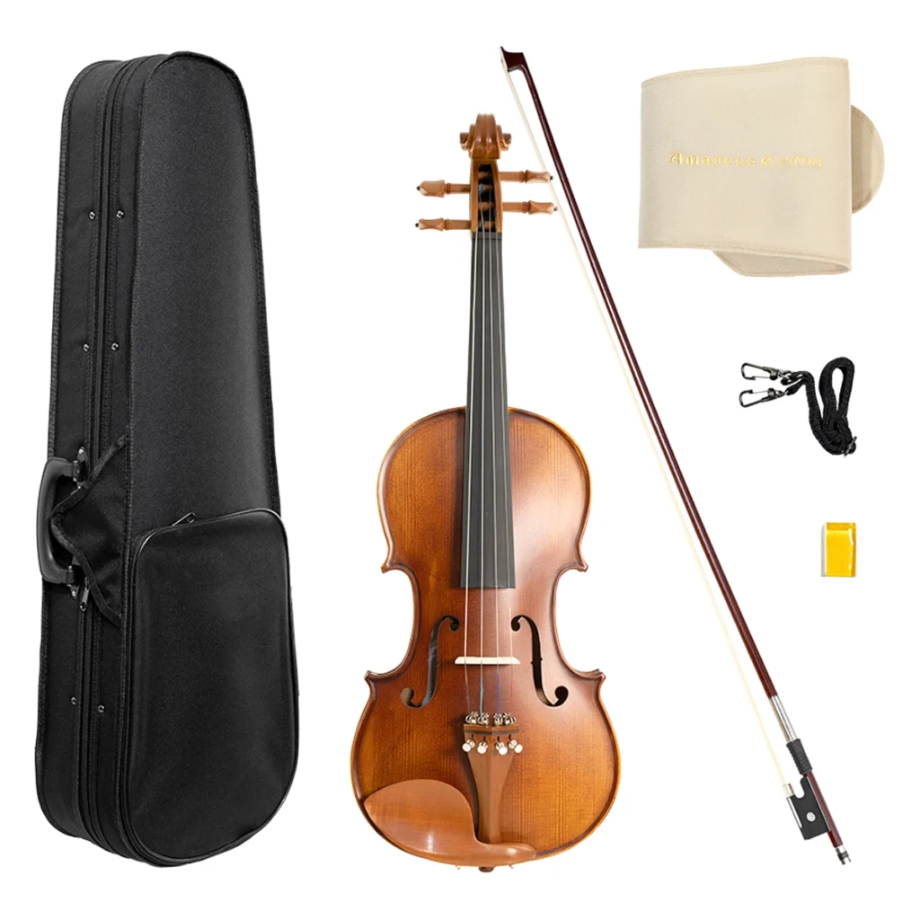Set de violín tamaño 4/4 Amadeus Cellini MV012BM-4/4 en acabado mate antiguo con arco y estuche semirrígido abierto.