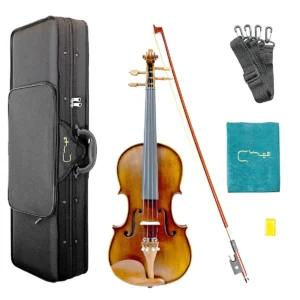 Paquete de violín de estudiante tamaño 4/4 Cremona CR006 en acabado tipo antiguo sombreado con arco y estuche abierto.