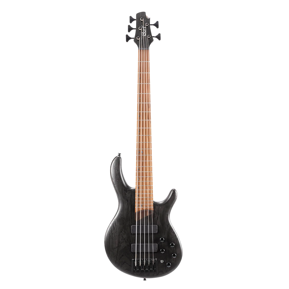 Bajo eléctrico de 5 cuerdas Cort Artisan B5 Element OPTB acabado Open Pore Trans Black con pastillas Bartolini de frente.