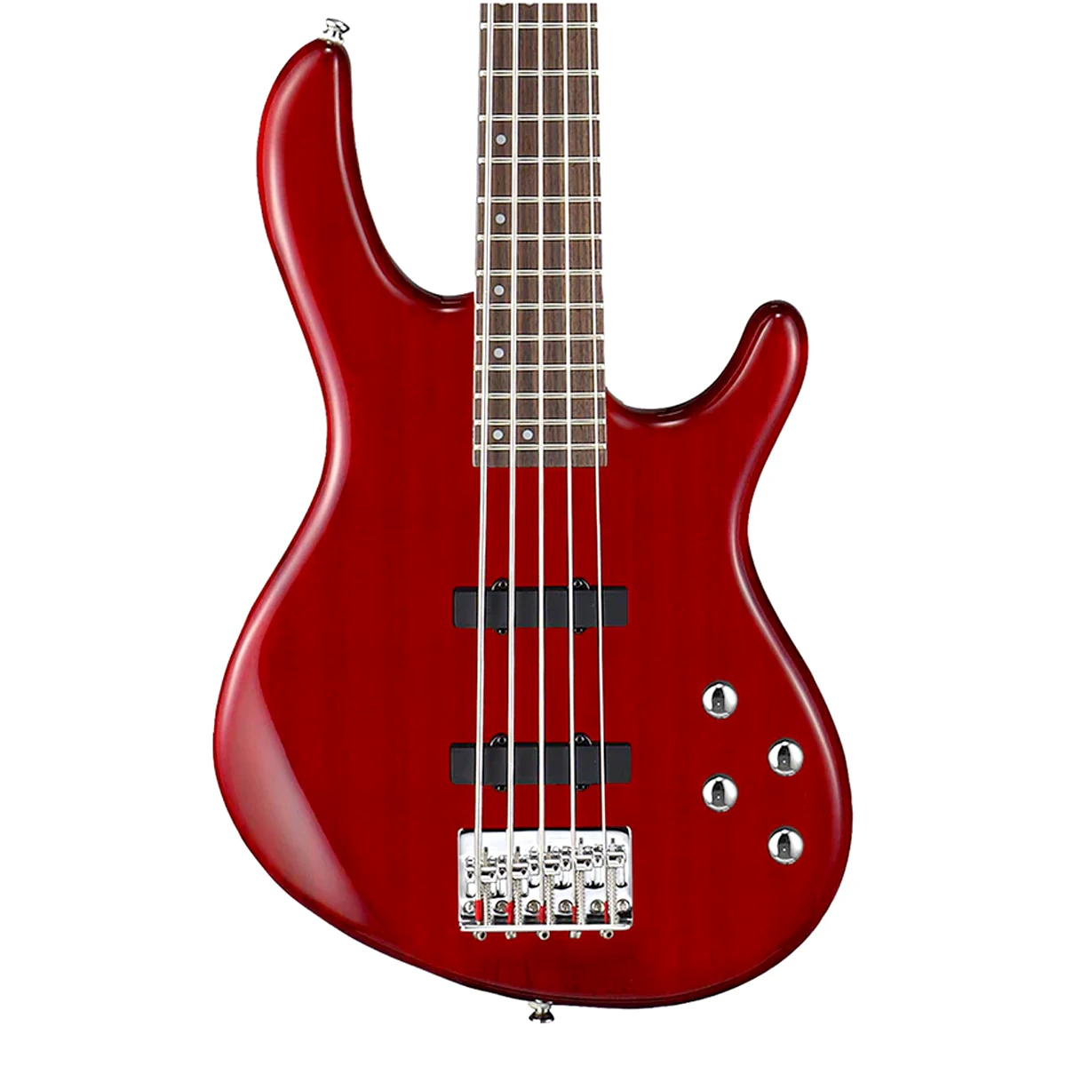Bajo eléctrico de 5 cuerdas Cort Action V Plus en colores rojo y negro.