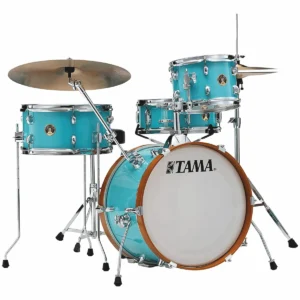 Batería acústica portátil de 4 piezas TAMA Club-JAM Pancake LJK48H4-AQB en acabado Aqua Blue con hardware y banco incluidos.