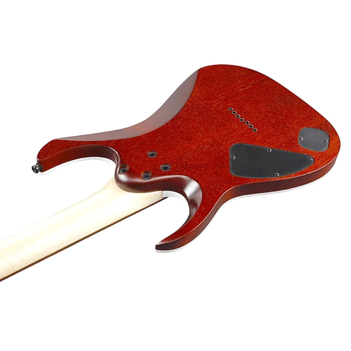 Primer plano de la tapa arqueada de arce flameado y el puente fijo F107 de la guitarra de 7 cuerdas Ibanez RGA742FM-TGF.