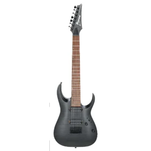 Primer plano de la tapa arqueada de arce flameado y el puente fijo F107 de la guitarra de 7 cuerdas Ibanez RGA742FM-TGF.