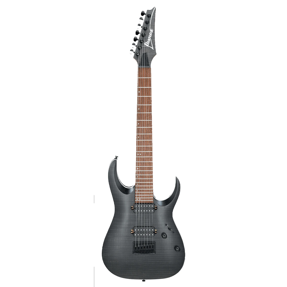 Primer plano de la tapa arqueada de arce flameado y el puente fijo F107 de la guitarra de 7 cuerdas Ibanez RGA742FM-TGF.