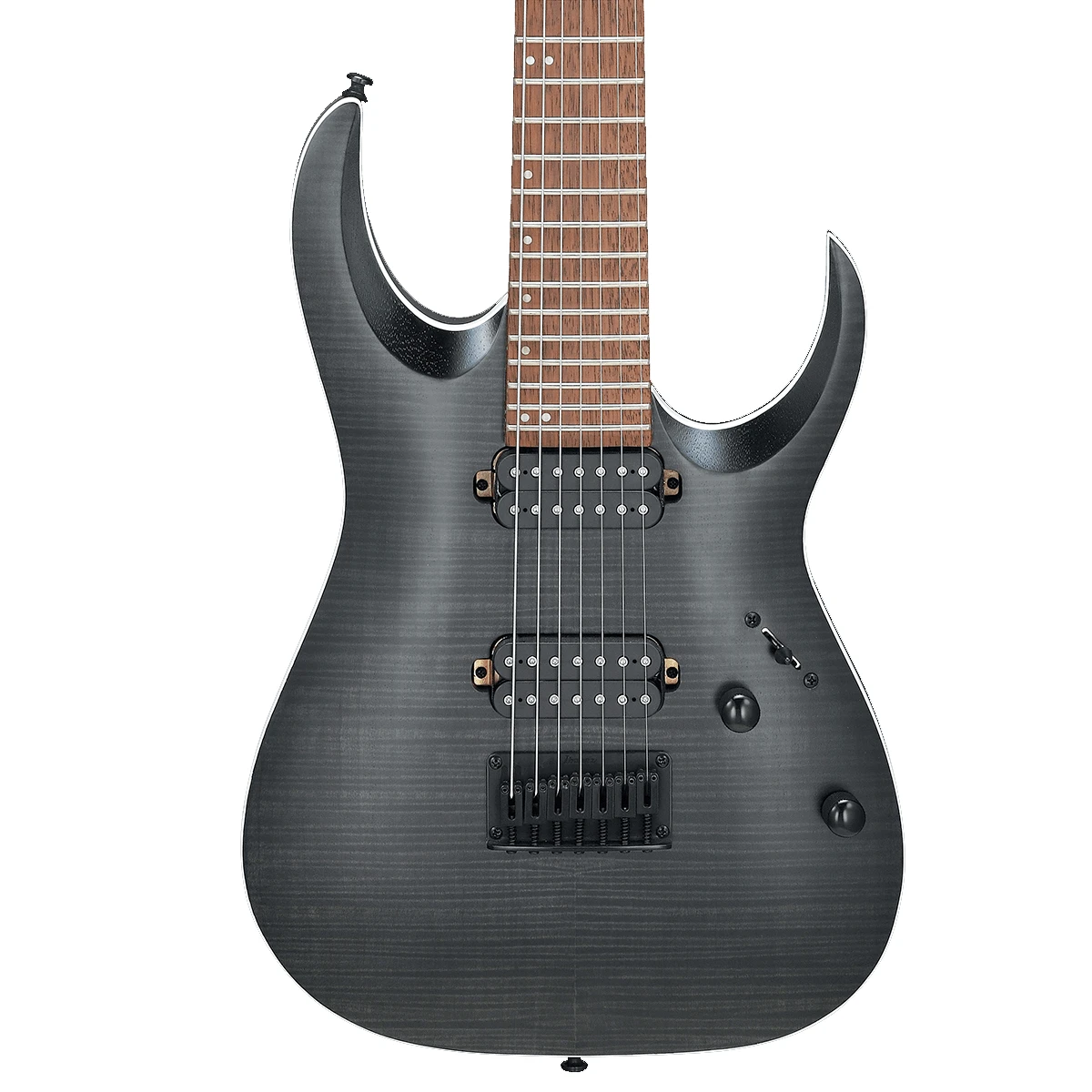Primer plano de la tapa arqueada de arce flameado y el puente fijo F107 de la guitarra de 7 cuerdas Ibanez RGA742FM-TGF.