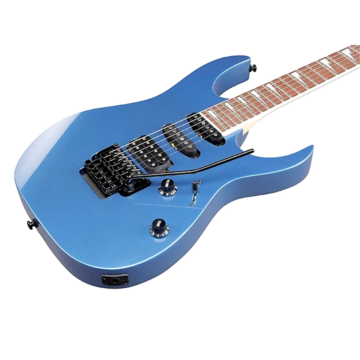 Guitarra eléctrica de 6 cuerdas Ibanez RG460DX acabado Blue Haze con pastillas Quantum HSS y herrajes negros de frente.