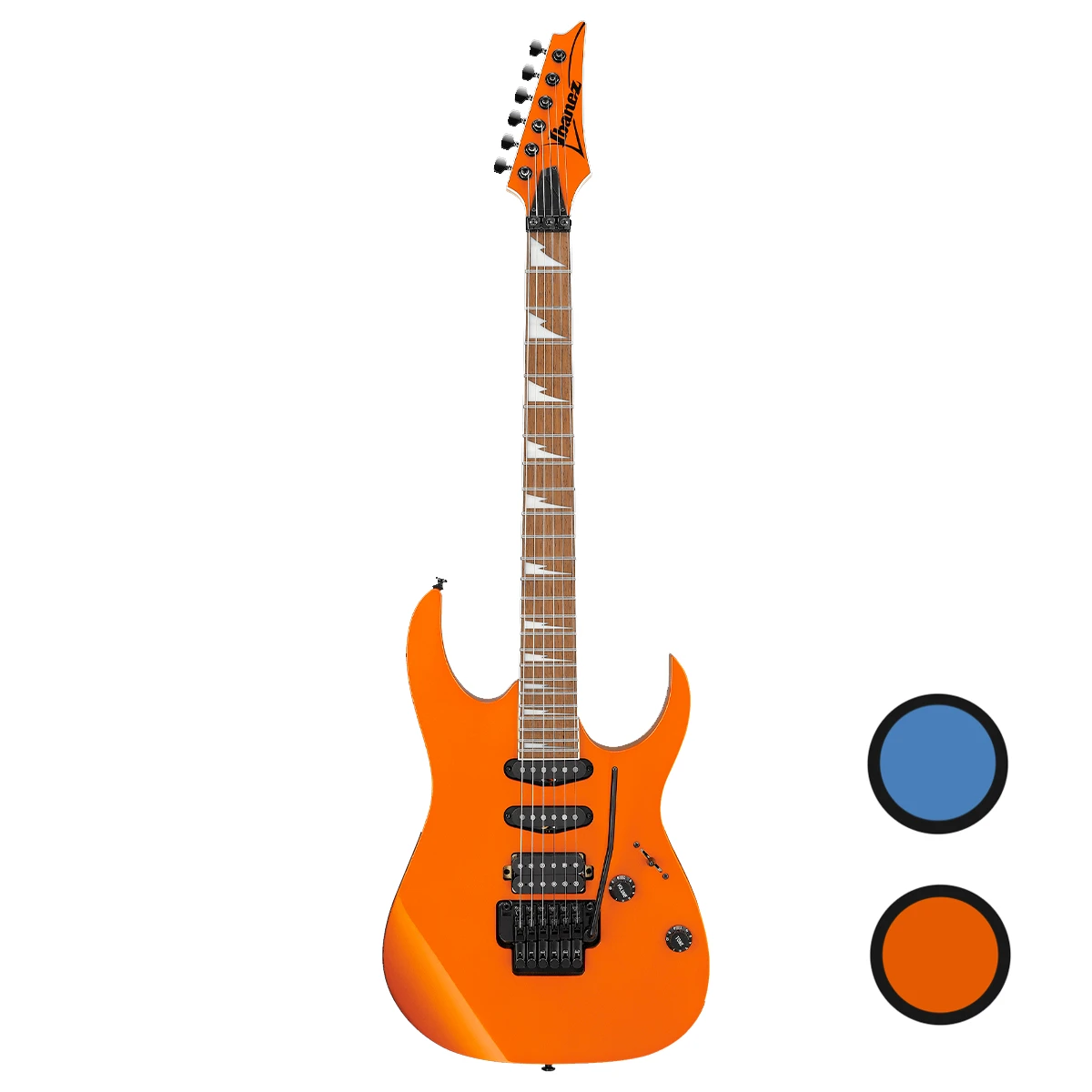 Guitarra eléctrica de 6 cuerdas Ibanez RG460DX acabado Blue Haze con pastillas Quantum HSS y herrajes negros de frente.
