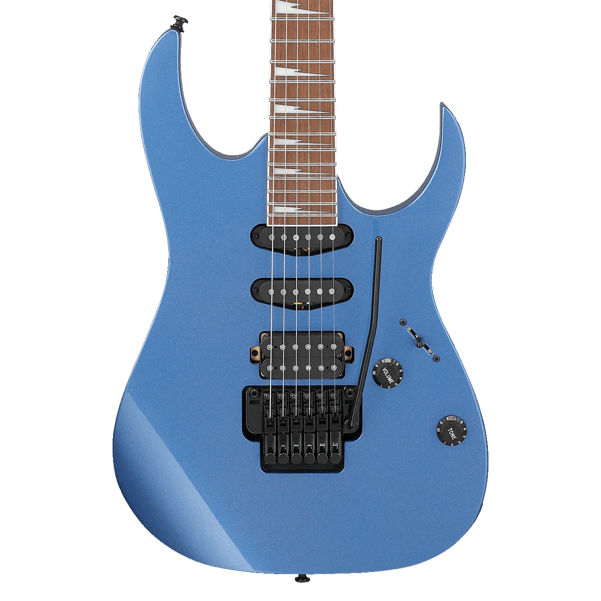 Guitarra eléctrica de 6 cuerdas Ibanez RG460DX acabado Blue Haze con pastillas Quantum HSS y herrajes negros de frente.