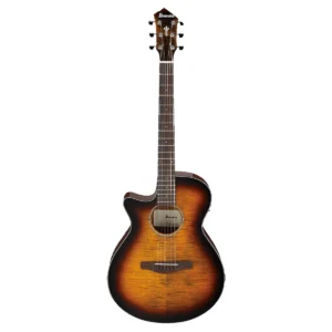 Guitarra electroacústica para zurdos Ibanez AEG70L-TIH de cuerpo delgado con tapa de arce flameado color tangerine honey burst.