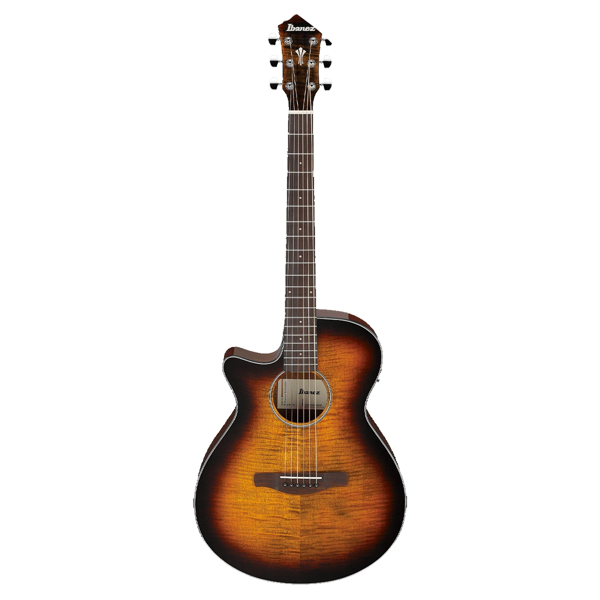 Guitarra electroacústica para zurdos Ibanez AEG70L-TIH de cuerpo delgado con tapa de arce flameado color tangerine honey burst.