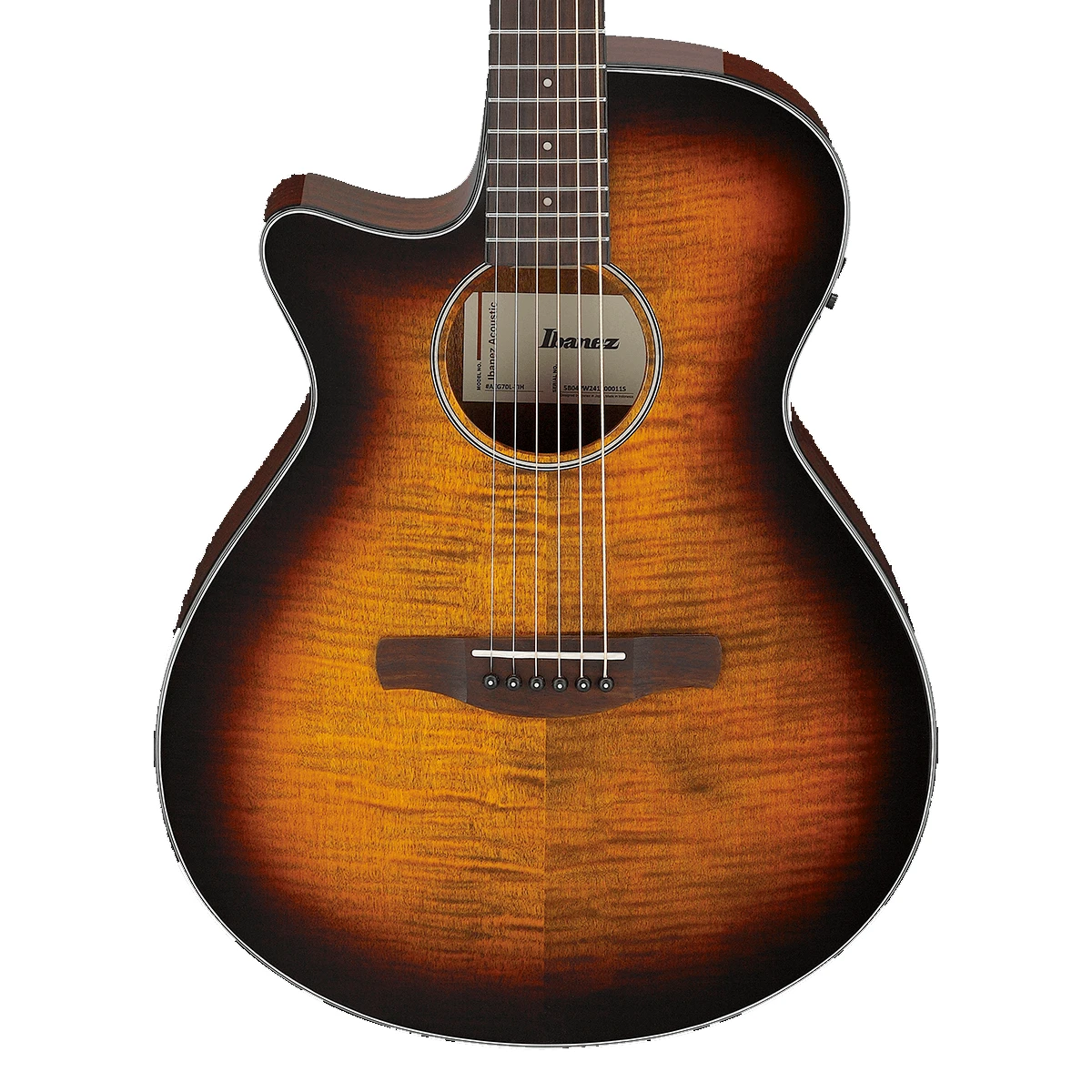 Guitarra electroacústica para zurdos Ibanez AEG70L-TIH de cuerpo delgado con tapa de arce flameado color tangerine honey burst.