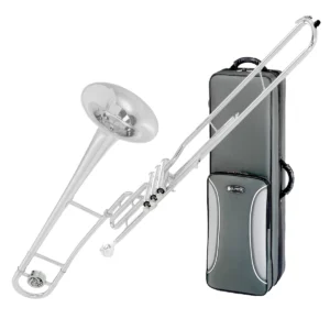 Trombón de pistones en Do Jupiter JTB720VQ de la serie 700 en acabado de laca transparente brillante con estuche.