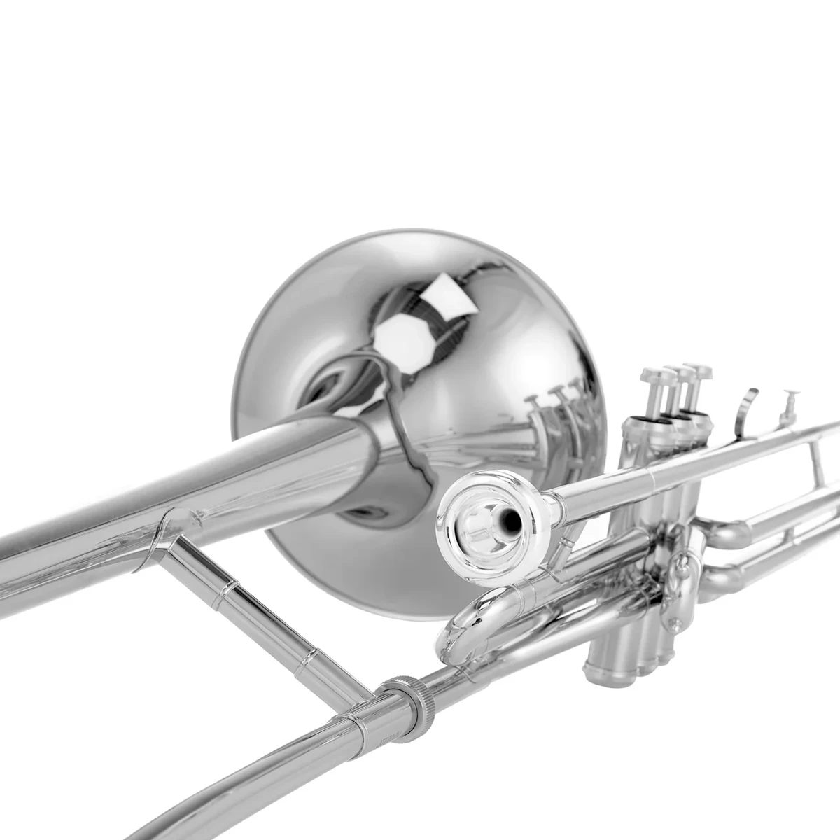 Trombón de pistones en Do Jupiter JTB720VQ de la serie 700 en acabado de laca transparente brillante con estuche.