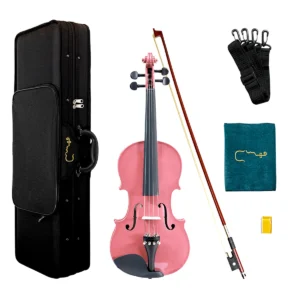 Kit de violín para estudiante Cremona CR005PK tamaño 4/4 en acabado rosa brillante con estuche y arco colocados de frente.