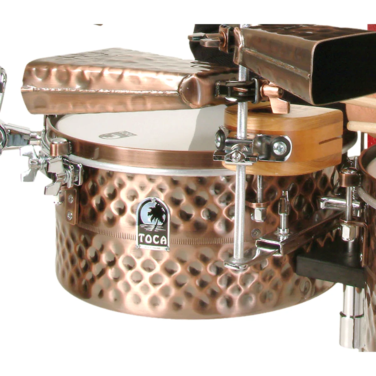 Set de timbales profesionales Toca Pro Line Series en acabado Black Copper con soporte