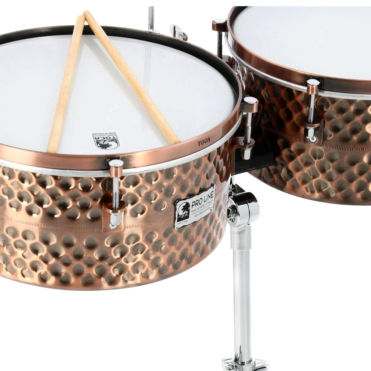 Set de timbales profesionales Toca Pro Line Series en acabado Black Copper con soporte