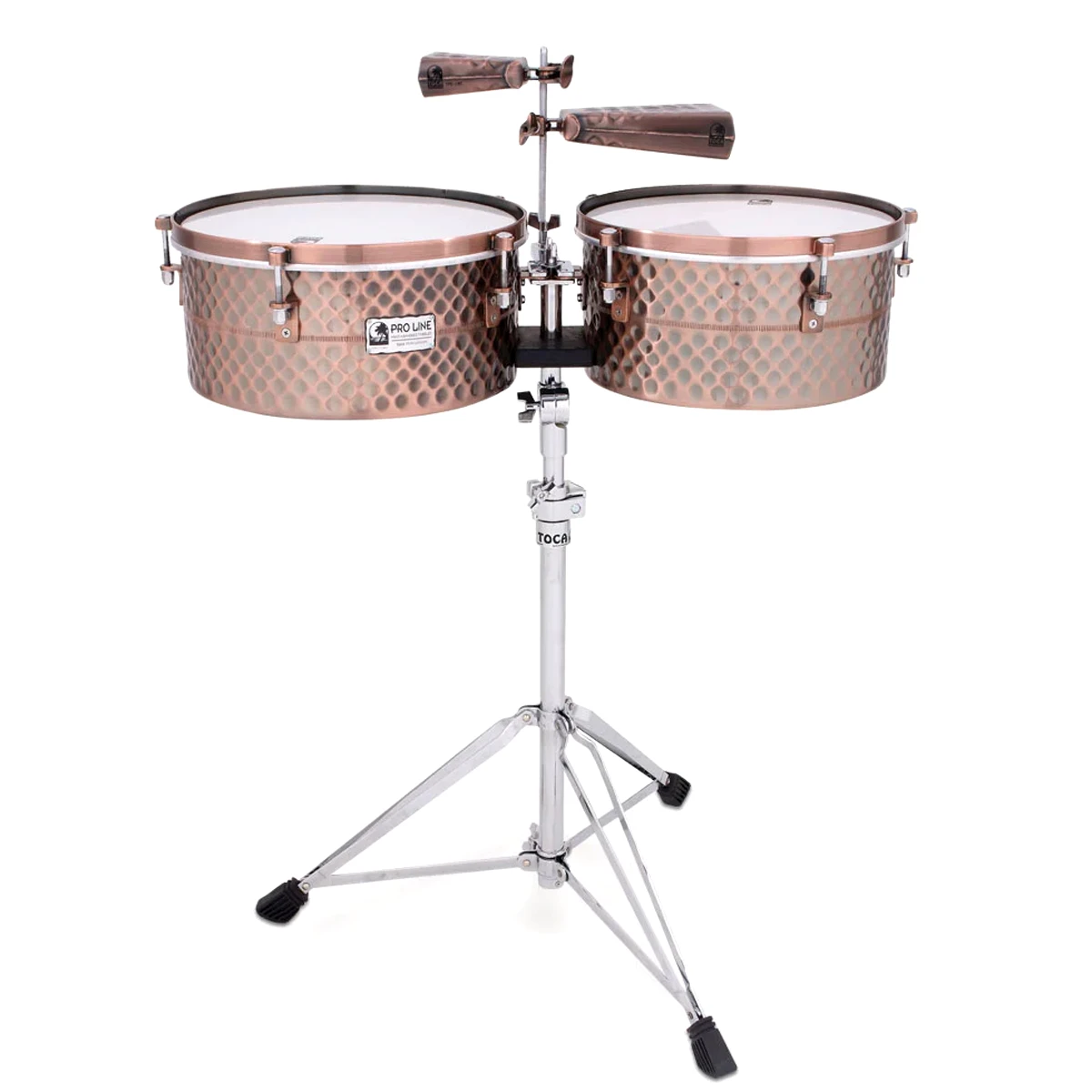 Set de timbales profesionales Toca Pro Line Series en acabado Black Copper con soporte